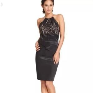 Eliza J Black NWOT Lace Gold Necklace Evening Mini Satin Cocktail Dress 8 Sexy